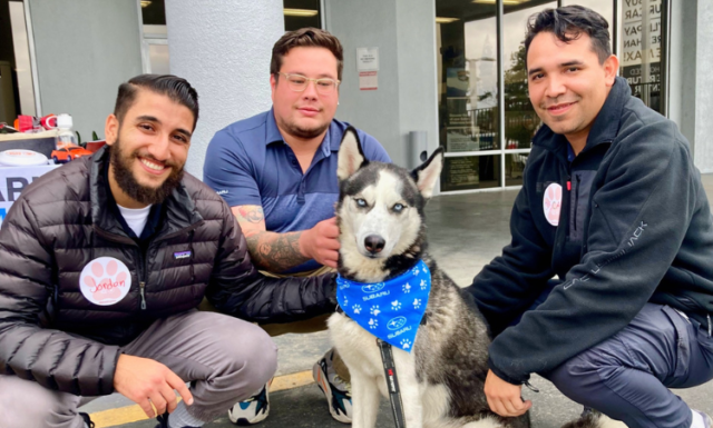 Three smiling men gather around a husky dog wearing a bandana at a local animal adoption event.