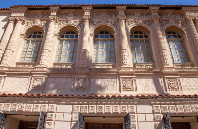 A stately facade of a library