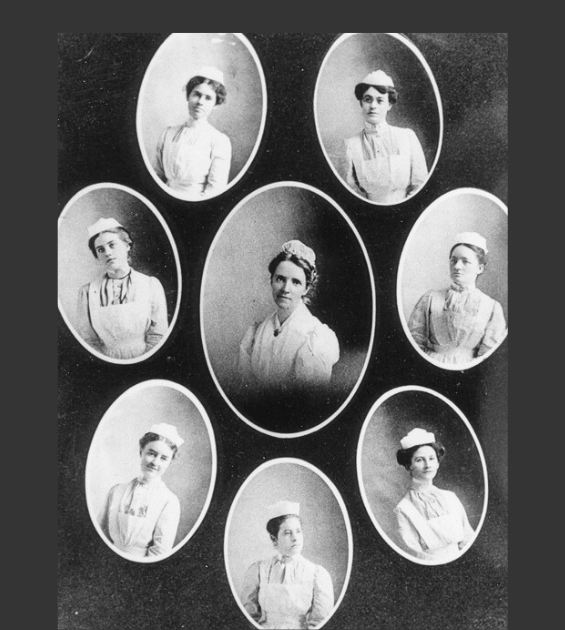 A black and white historic photo showing 8 portraits of nurses