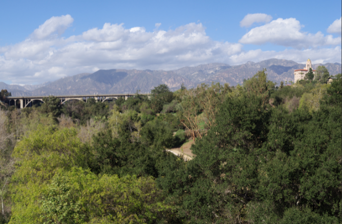 A long shot of Pasadena's Arroyo Seco showing greenery, Colorado Street Bridge and the 9th Circuit Court of Appeals building