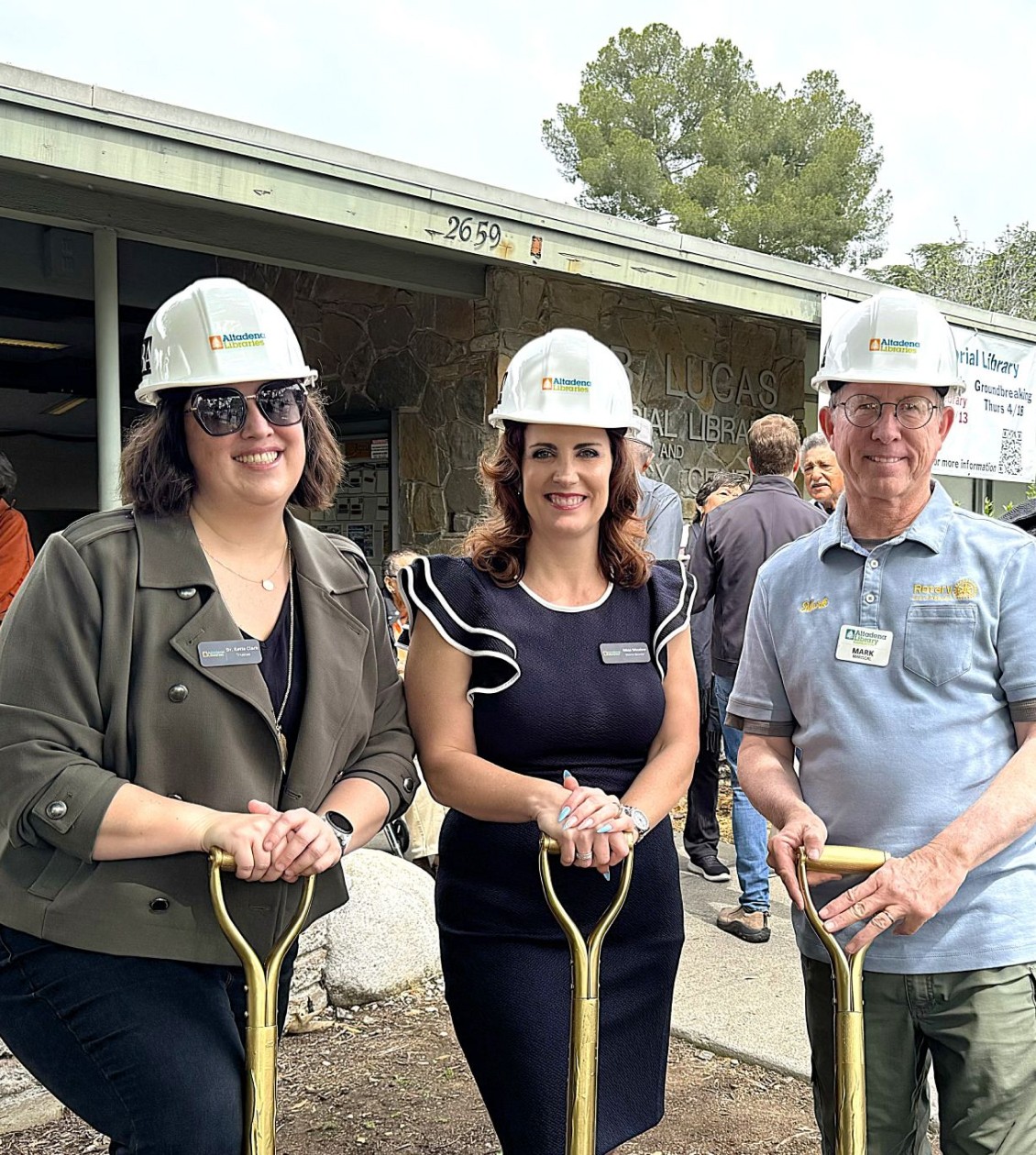 Three Altadena library members posing for photo at ground braking
