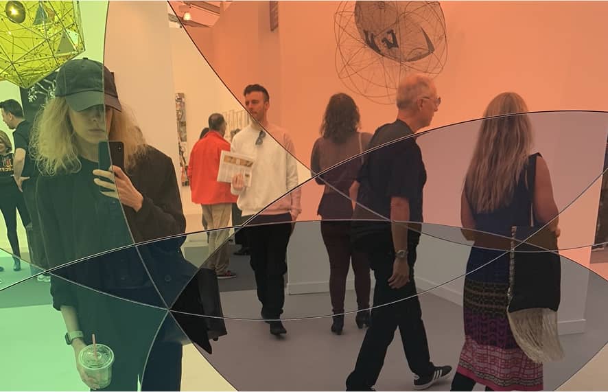 artistic image of people walking around with a yellow and red filter overlaying image