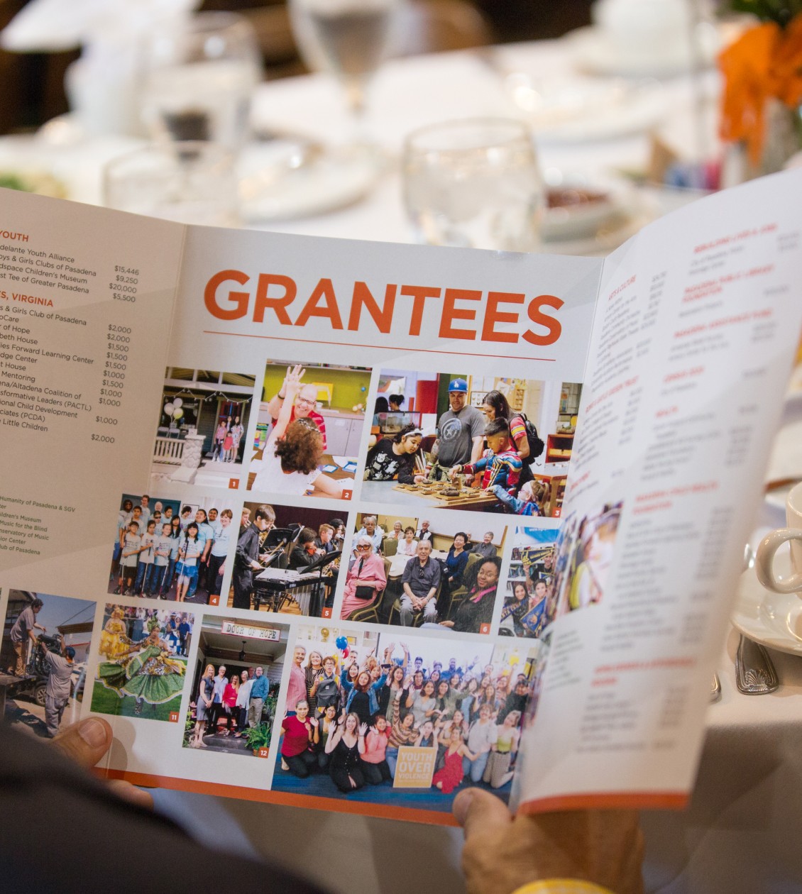 Person holding tr-fold brochure showing grantees photos