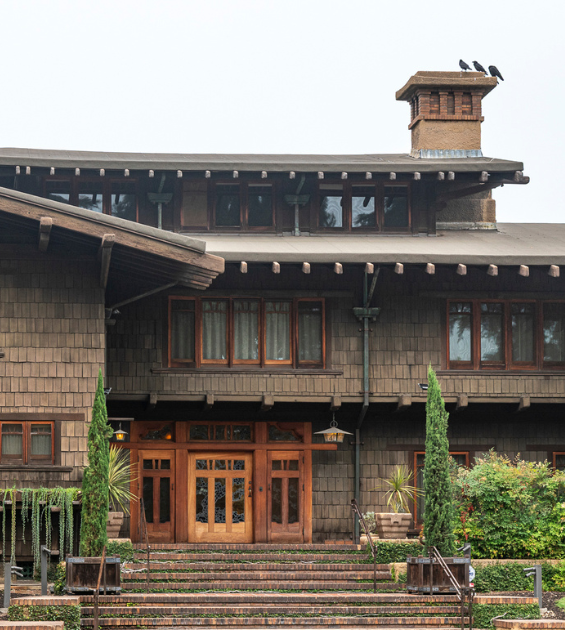 An exterior shot of the front porch of the Gamble House in Pasadena CA -