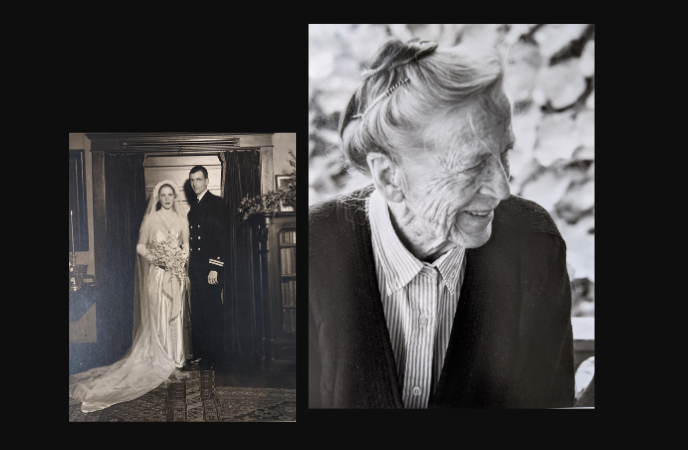 Two vintage black and white photos show a woman on her wedding day with her new husband and a photo of the same woman as an elderly person