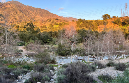 A canyon area at sunset - the back mountains are lit orange