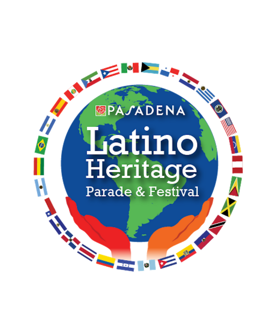 A blue green and red logo reads Pasadena Latino Heritage Parade and Festival