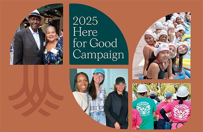 A graphic in copper and dark green reads 2025 Here for Good Campaign and shows a variety of photos