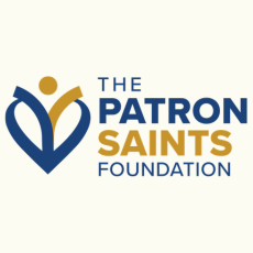 A dark blue and gold logo that reads The Patron Saints Foundation