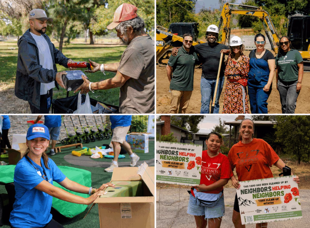 Four pictures in a collage of nonprofits Greenline, Union Station Honeless Services, Foothill Family Services and Neighborhood Survants providing services to community members.